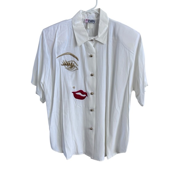 Vintage Women’s Celly Embroidered Face Blouse Sz L - Picture 1 of 8